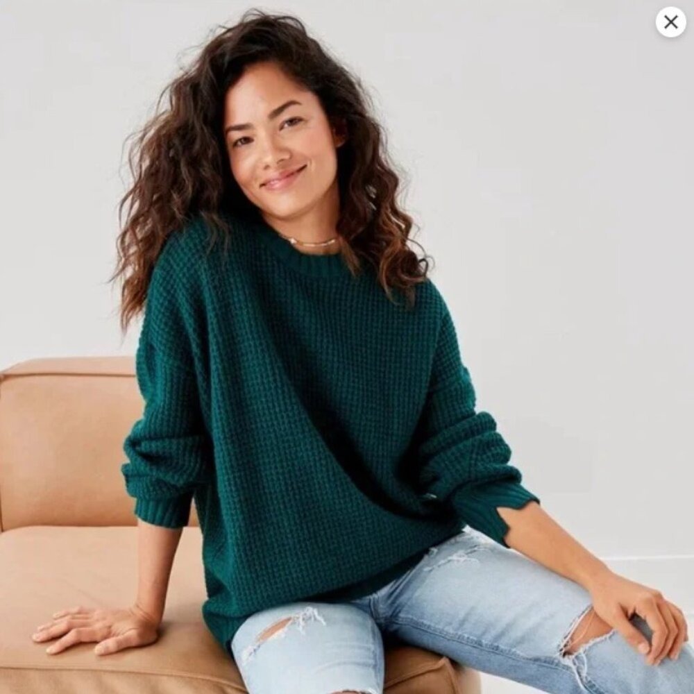 American Eagle Outfitters Dark‎ Green Waffle Knit Crewneck Sweater XS
